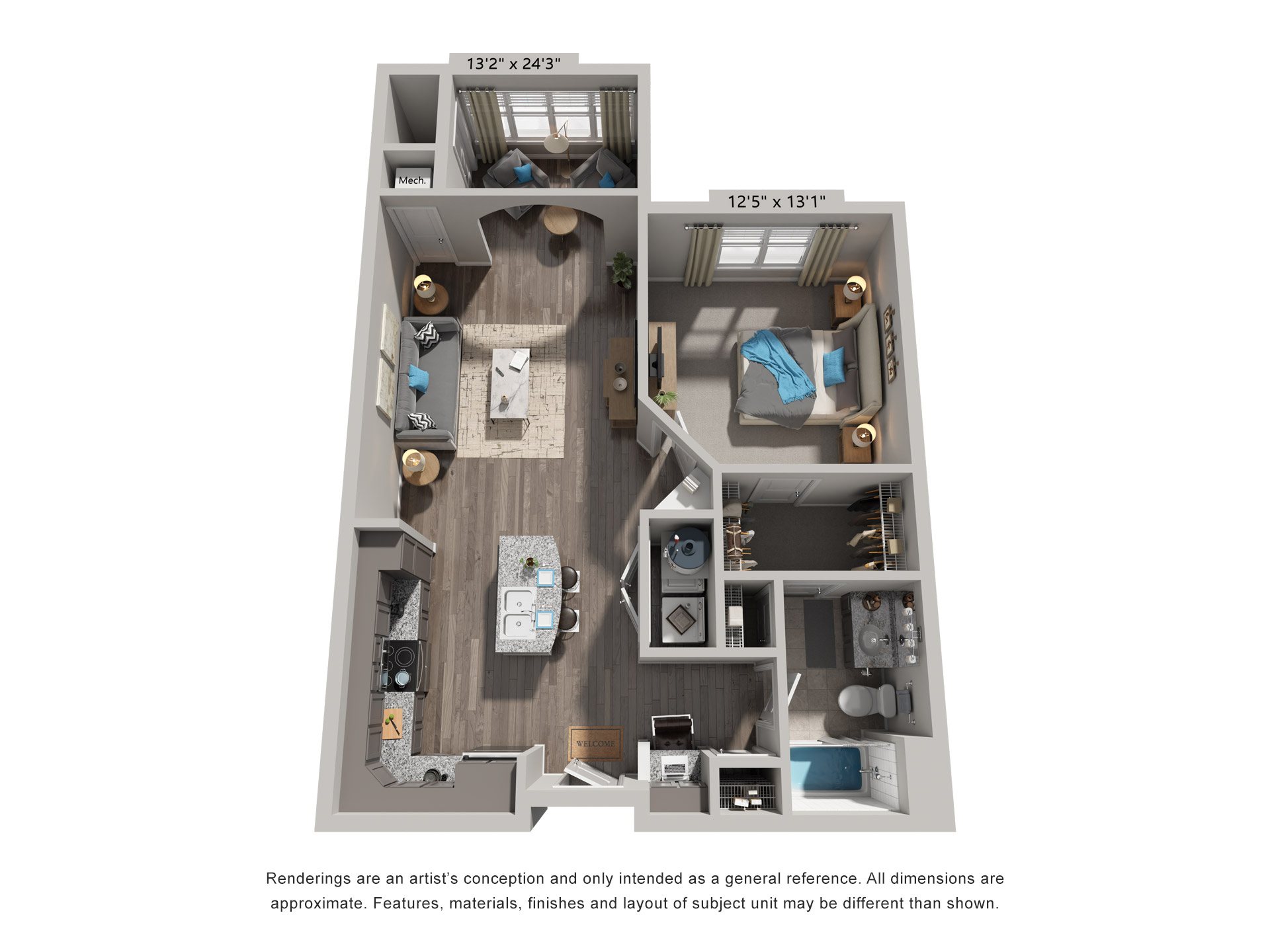 Floor plan for 1 bed, 1 bath, 793 sqft